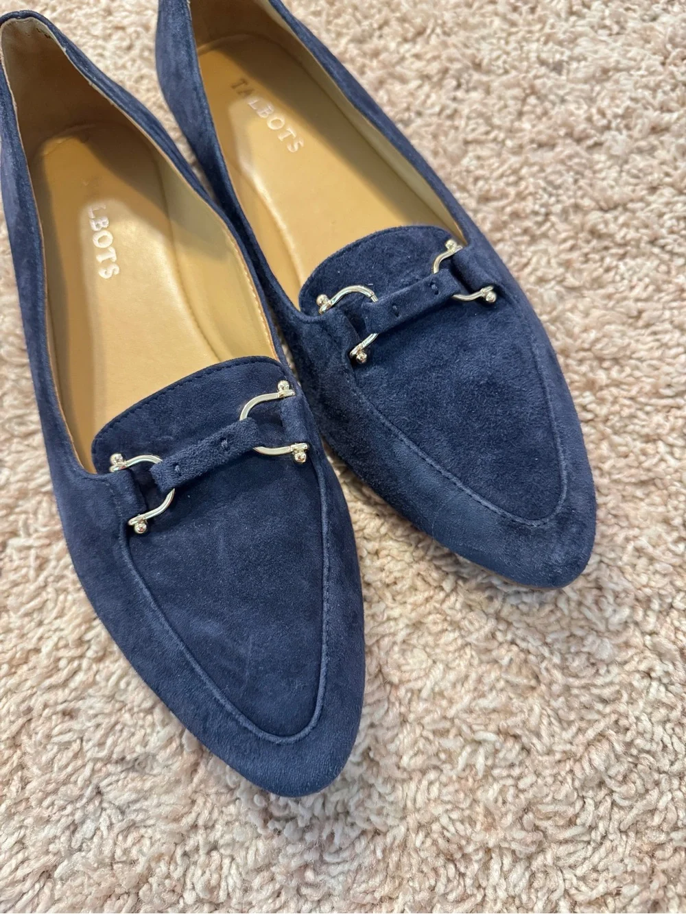 Talbots Francesca Navy Blue Suede Driving Flats Loafers Metal Link Size 7